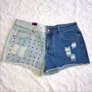 Material Girl Two-Tone Denim Cutoff Shorts — Light Wash & Dark Blue